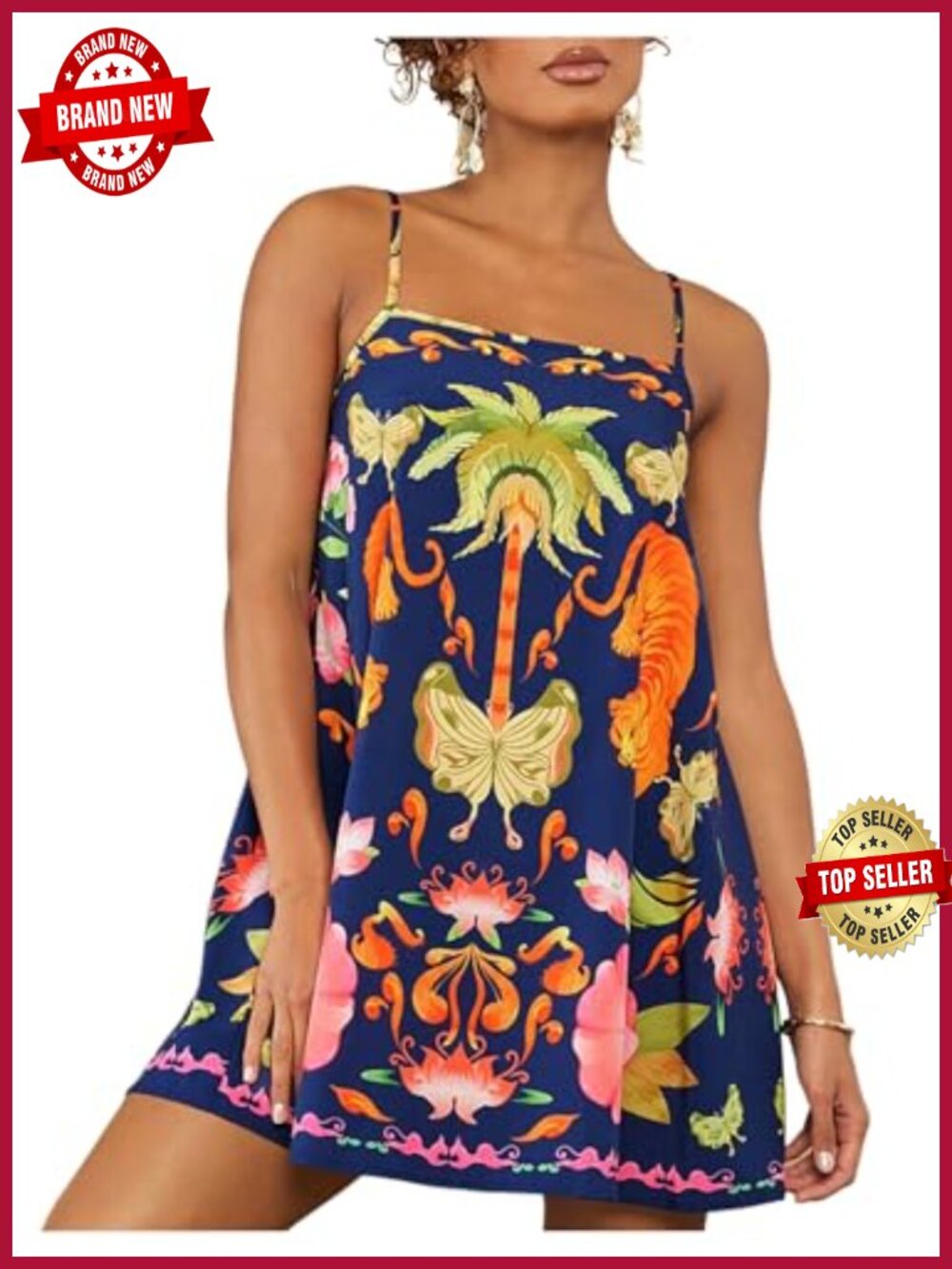 Tropical Sleeveless Cami A-Line Mini Dress Loose Fit Casual